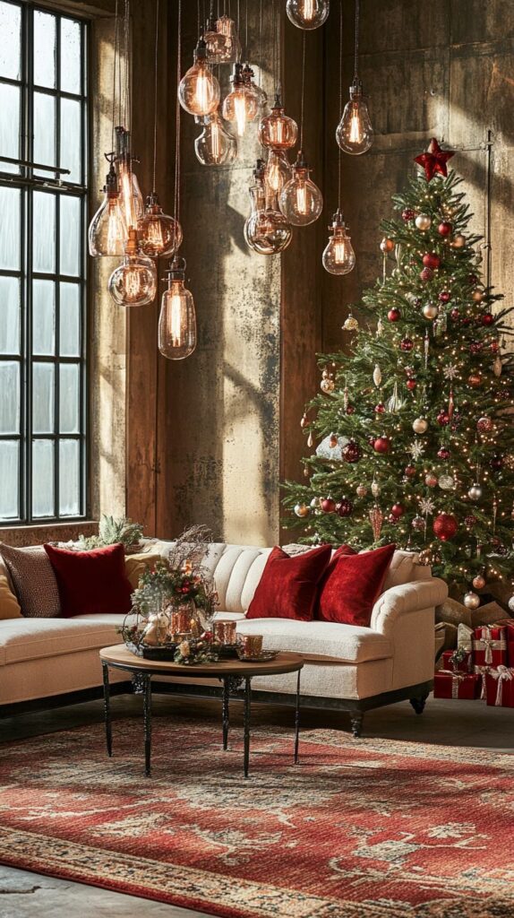 Vintage and Nostalgic Inspired Decor: Design focused on a nostalgic Christmas decor for this 2024 with family heirlooms or vintage-inspired pieces like mercury glass ornaments, string lights with larger bulbs or antique style stockings, vintage ornaments, classic Santa figurines and antique tinsel trees, creating a sense of nostalgia that feels comforting and familiar in a beautiful living room.